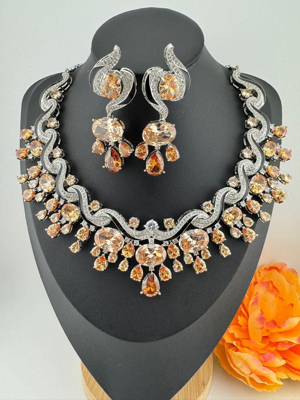 Premium Unique Swarovski Inspired Crystals and CZ champagne Bridal Necklace set with long earring/Indian jewelry/Collar Bridal Necklace set