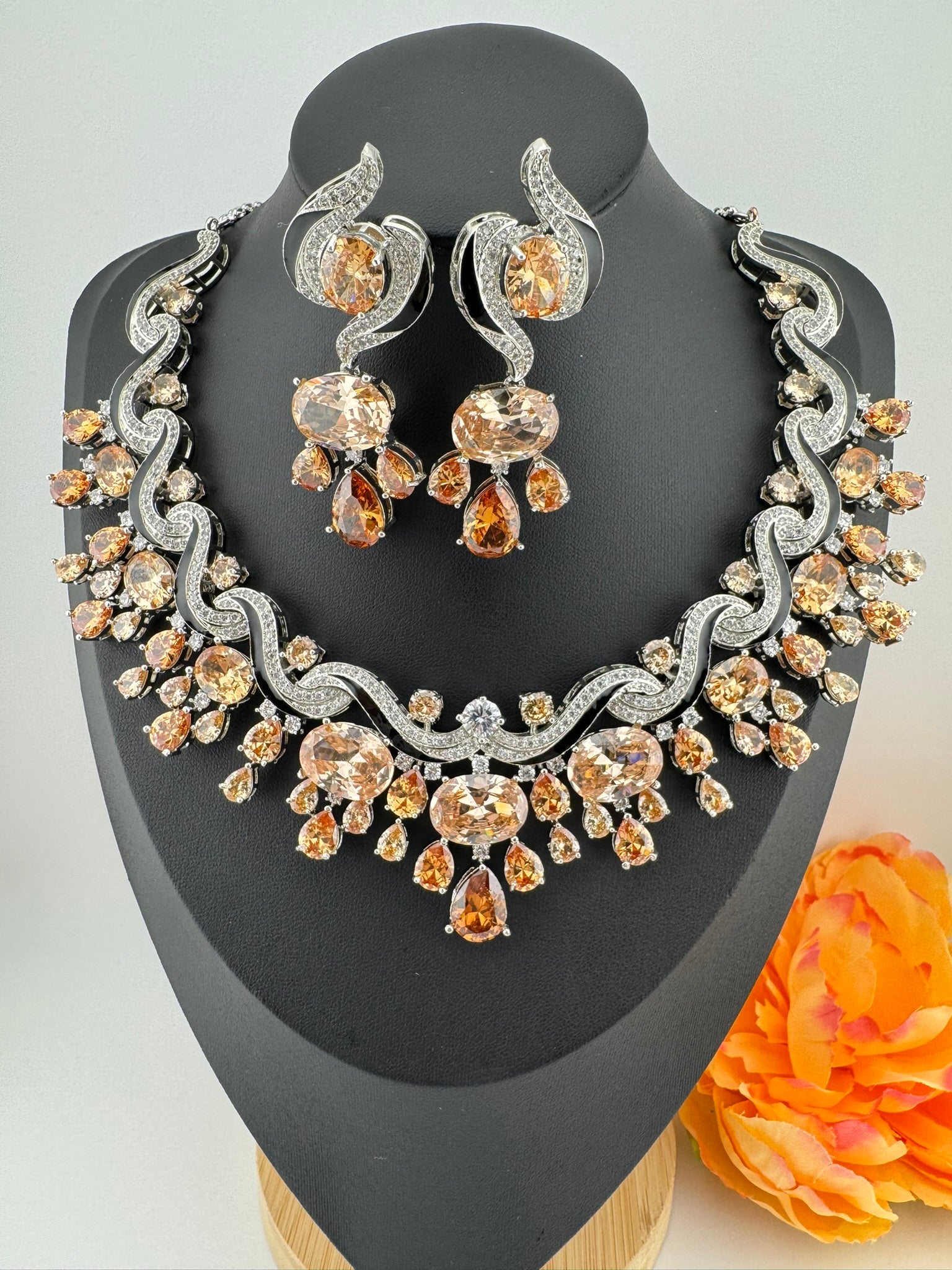 Premium Unique Swarovski Inspired Crystals and CZ champagne Bridal Necklace set with long earring/Indian jewelry/Collar Bridal Necklace set