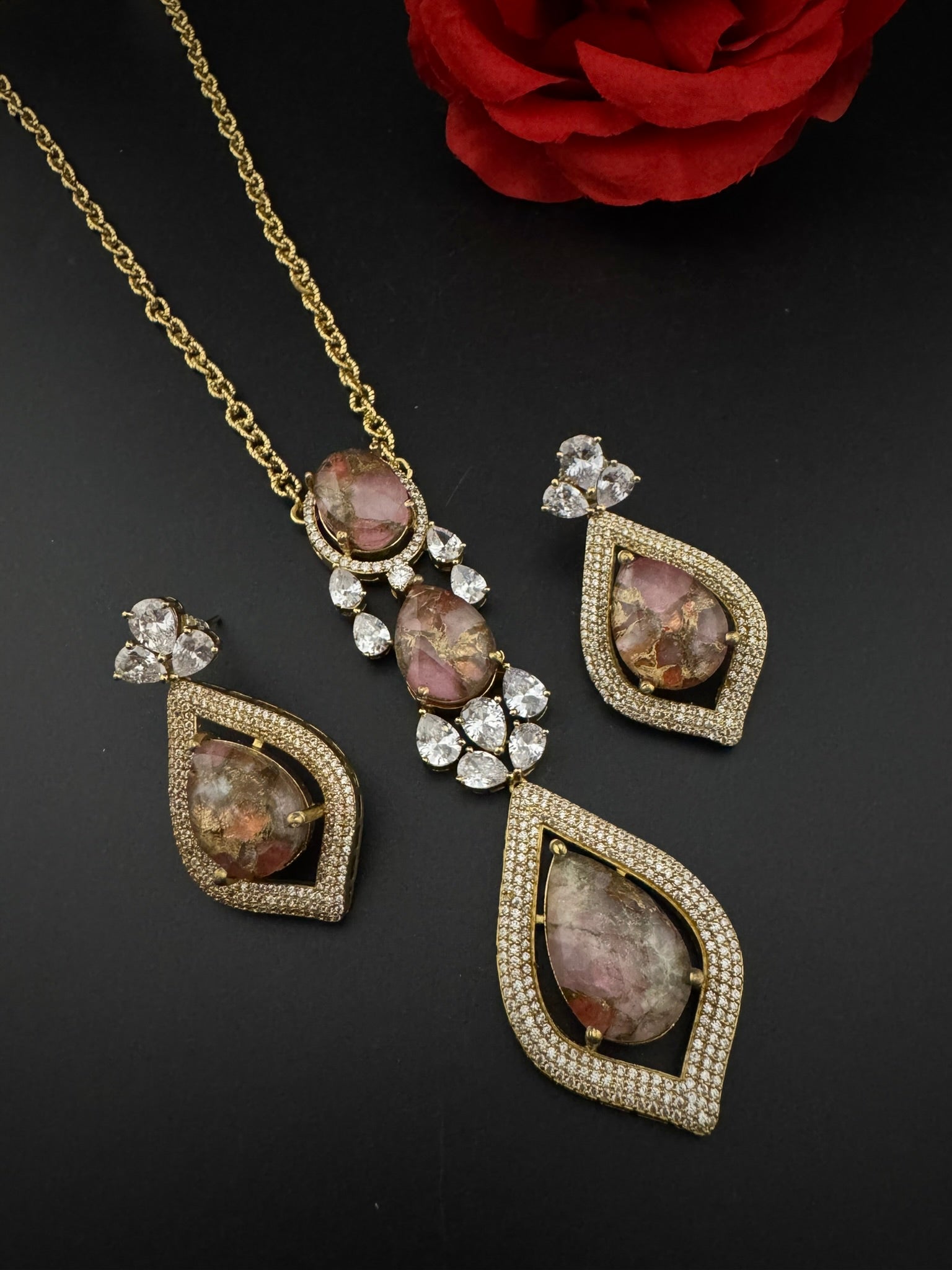 Premium Quality Marble stone and CZ with drop earrings is a Designer long pendant set/Indian jewelry/Bridesmaid gift/Lightweight jewelry