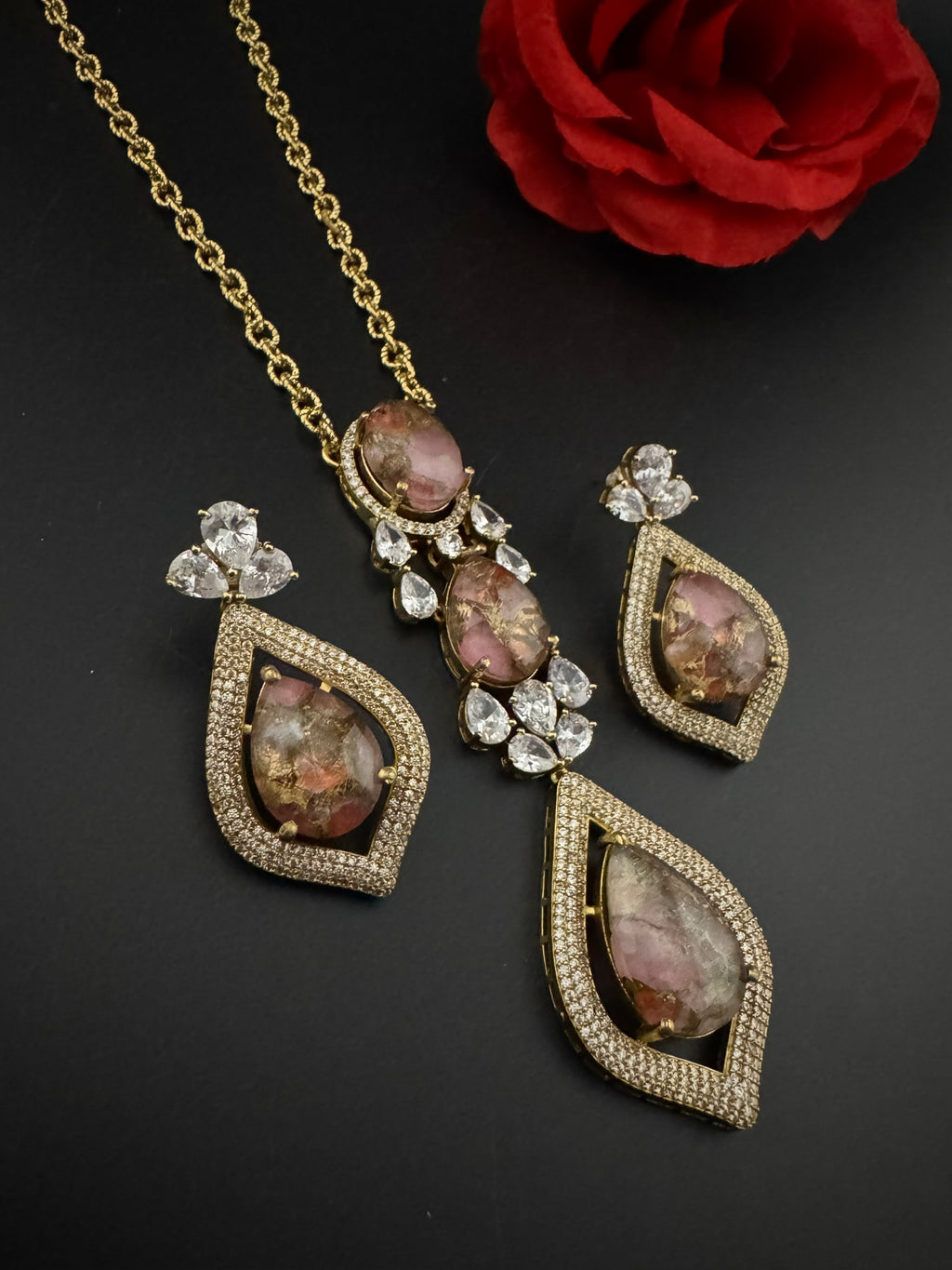 Premium Quality Marble stone and CZ with drop earrings is a Designer long pendant set/Indian jewelry/Bridesmaid gift/Lightweight jewelry