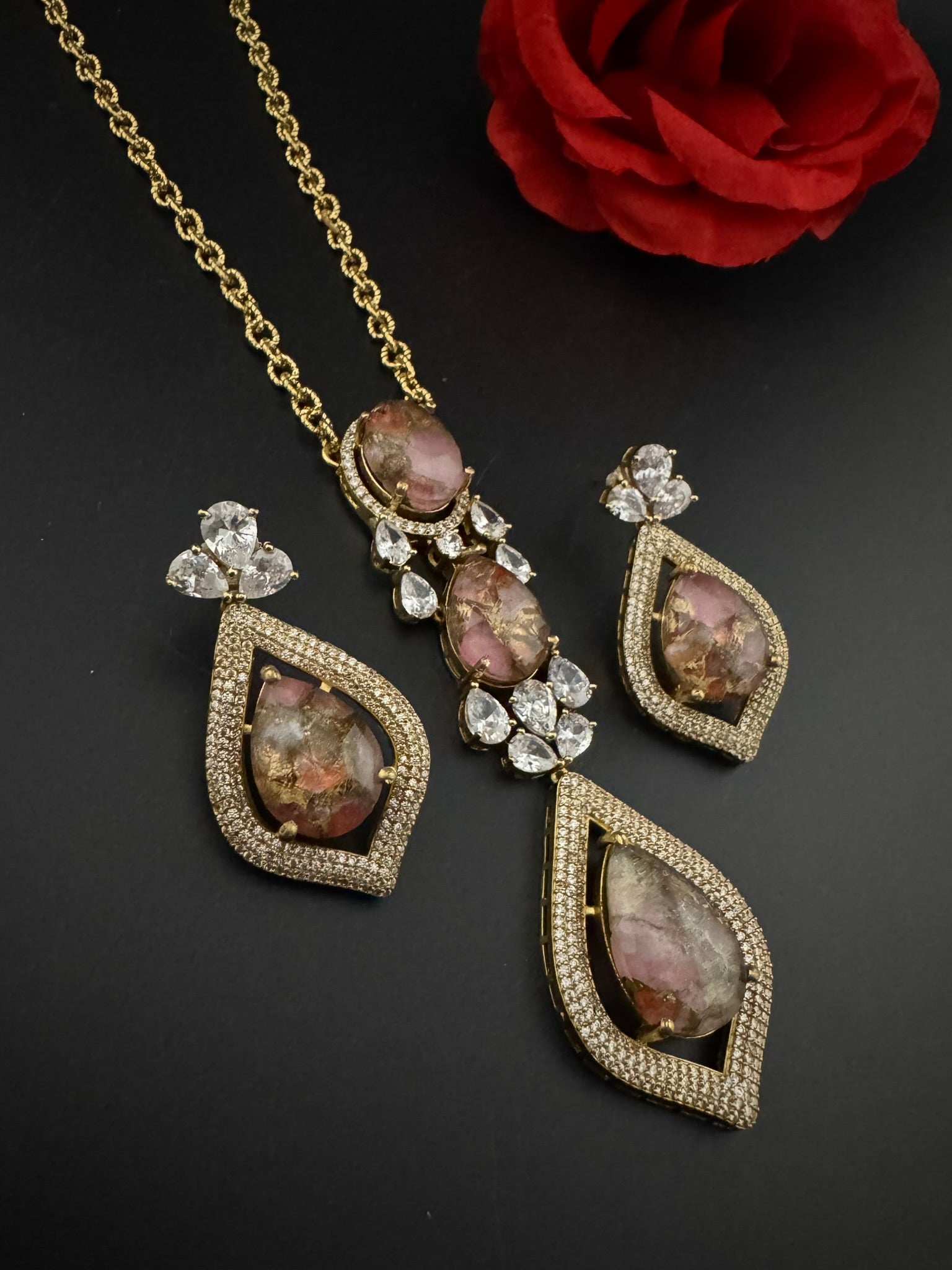 Premium Quality Marble stone and CZ with drop earrings is a Designer long pendant set/Indian jewelry/Bridesmaid gift/Lightweight jewelry