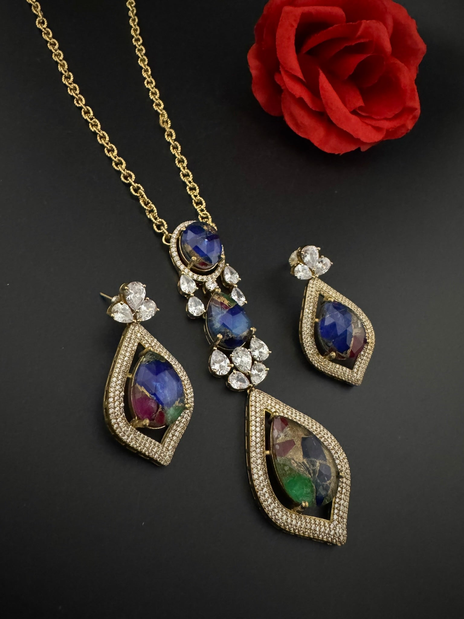 Premium Quality Marble stone and CZ with drop earrings is a Designer long pendant set/Indian jewelry/Bridesmaid gift/Lightweight jewelry