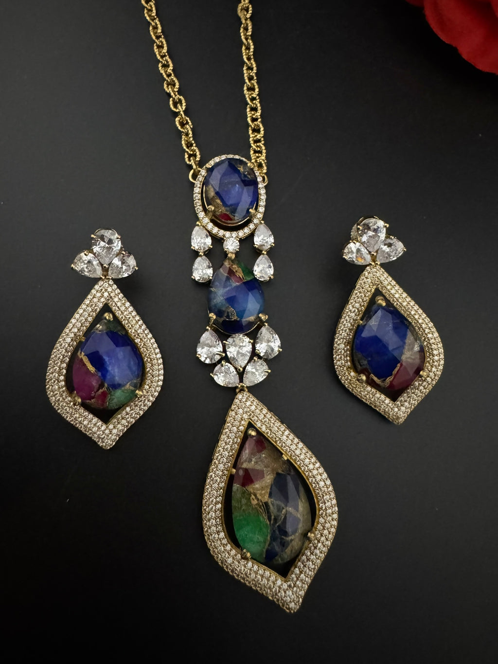 Premium Quality Marble stone and CZ with drop earrings is a Designer long pendant set/Indian jewelry/Bridesmaid gift/Lightweight jewelry