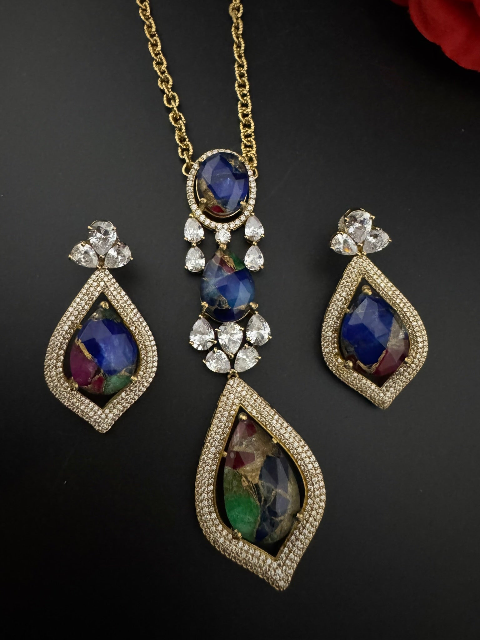 Premium Quality Marble stone and CZ with drop earrings is a Designer long pendant set/Indian jewelry/Bridesmaid gift/Lightweight jewelry