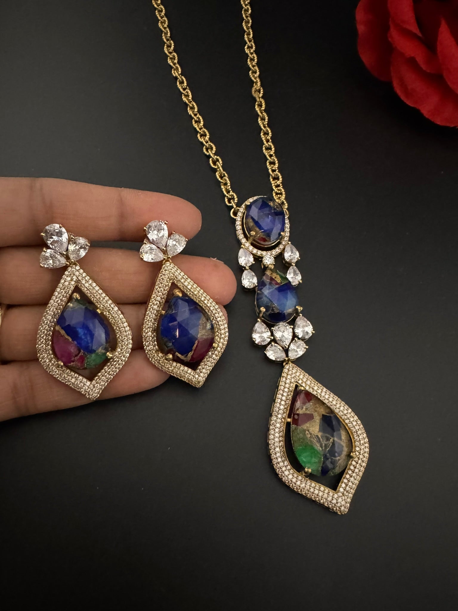 Premium Quality Marble stone and CZ with drop earrings is a Designer long pendant set/Indian jewelry/Bridesmaid gift/Lightweight jewelry