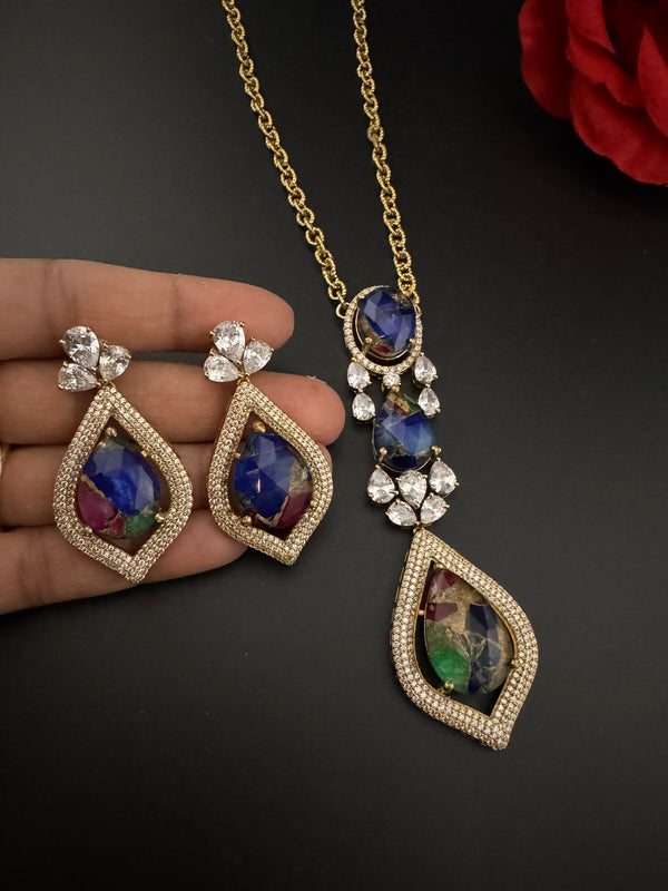 Premium Quality Marble stone and CZ with drop earrings is a Designer long pendant set/Indian jewelry/Bridesmaid gift/Lightweight jewelry