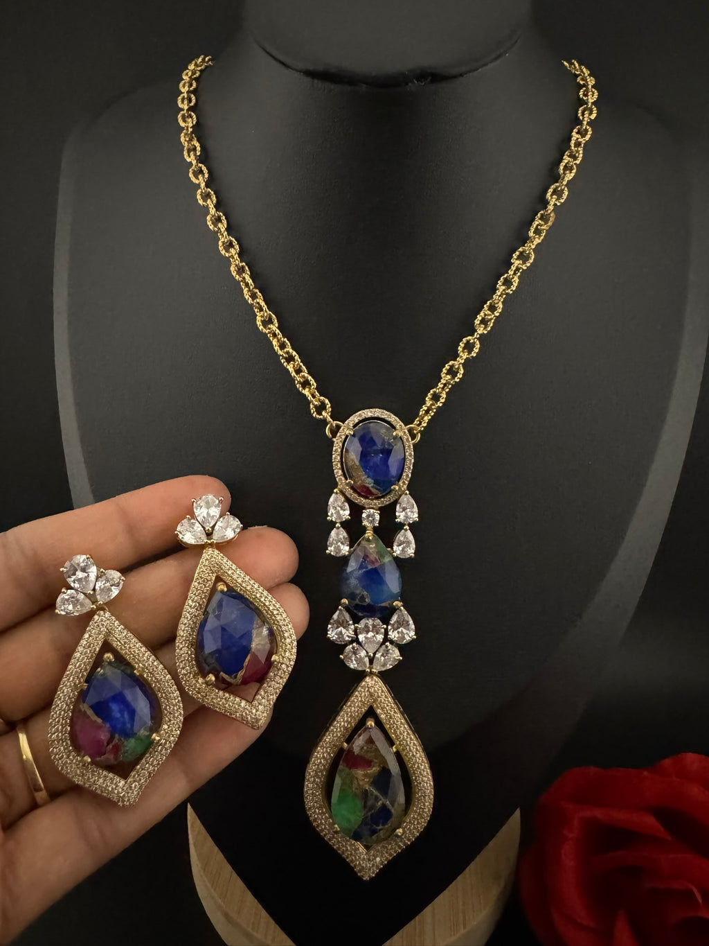 Premium Quality Marble stone and CZ with drop earrings is a Designer long pendant set/Indian jewelry/Bridesmaid gift/Lightweight jewelry