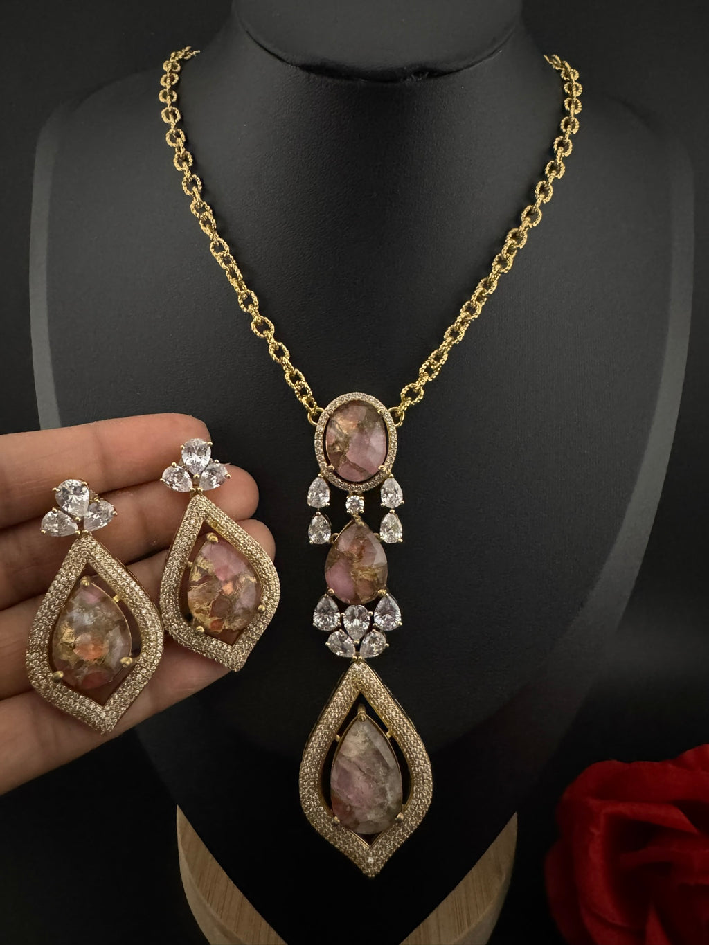 Premium Quality Marble stone and CZ with drop earrings is a Designer long pendant set/Indian jewelry/Bridesmaid gift/Lightweight jewelry