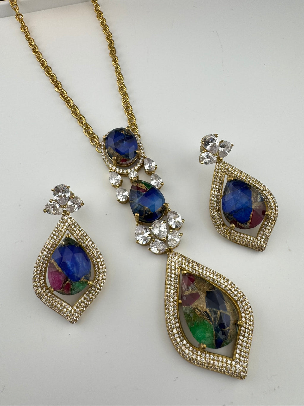 Premium Quality Marble stone and CZ with drop earrings is a Designer long pendant set/Indian jewelry/Bridesmaid gift/Lightweight jewelry