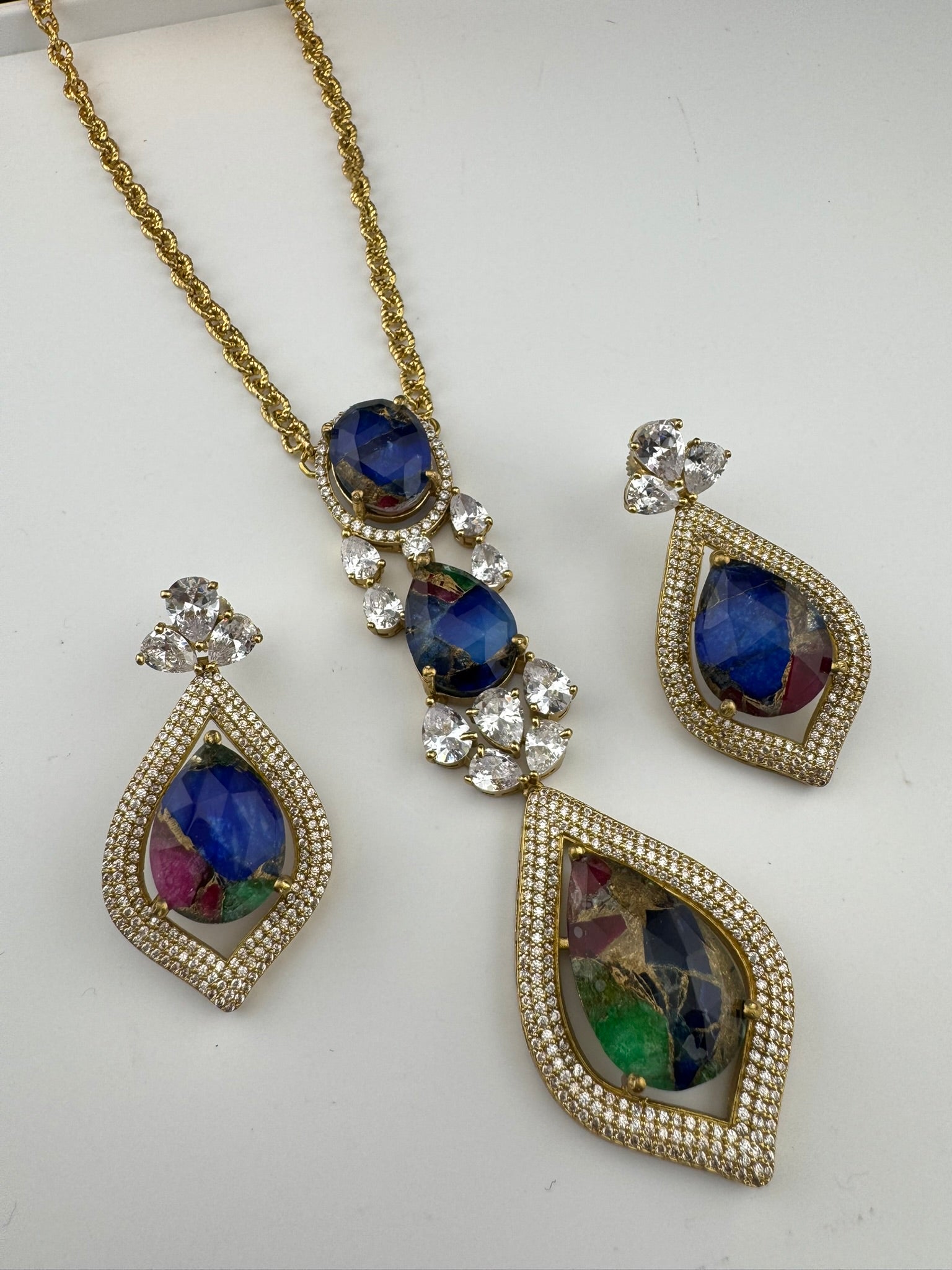 Premium Quality Marble stone and CZ with drop earrings is a Designer long pendant set/Indian jewelry/Bridesmaid gift/Lightweight jewelry