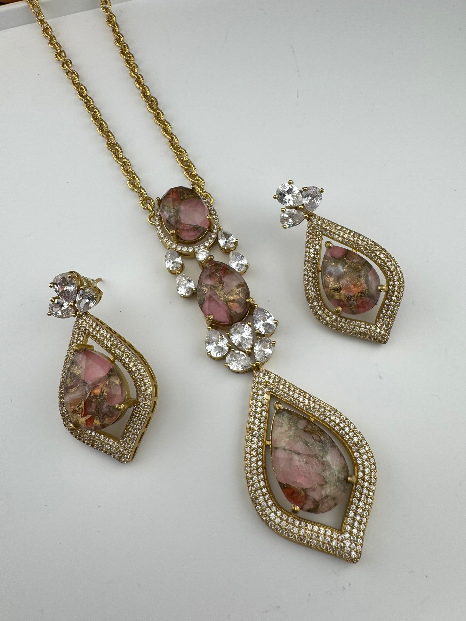 Premium Quality Marble stone and CZ with drop earrings is a Designer long pendant set/Indian jewelry/Bridesmaid gift/Lightweight jewelry