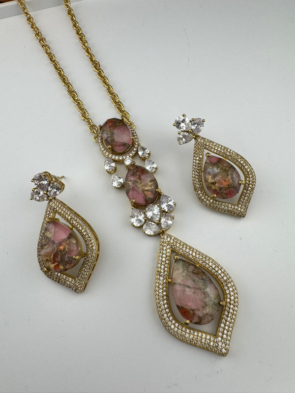 Premium Quality Marble stone and CZ with drop earrings is a Designer long pendant set/Indian jewelry/Bridesmaid gift/Lightweight jewelry