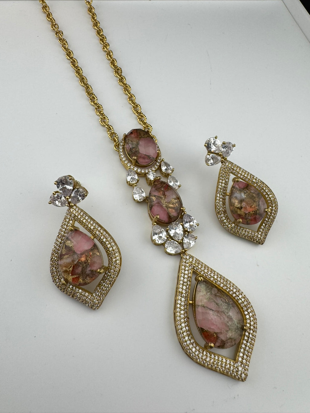 Premium Quality Marble stone and CZ with drop earrings is a Designer long pendant set/Indian jewelry/Bridesmaid gift/Lightweight jewelry