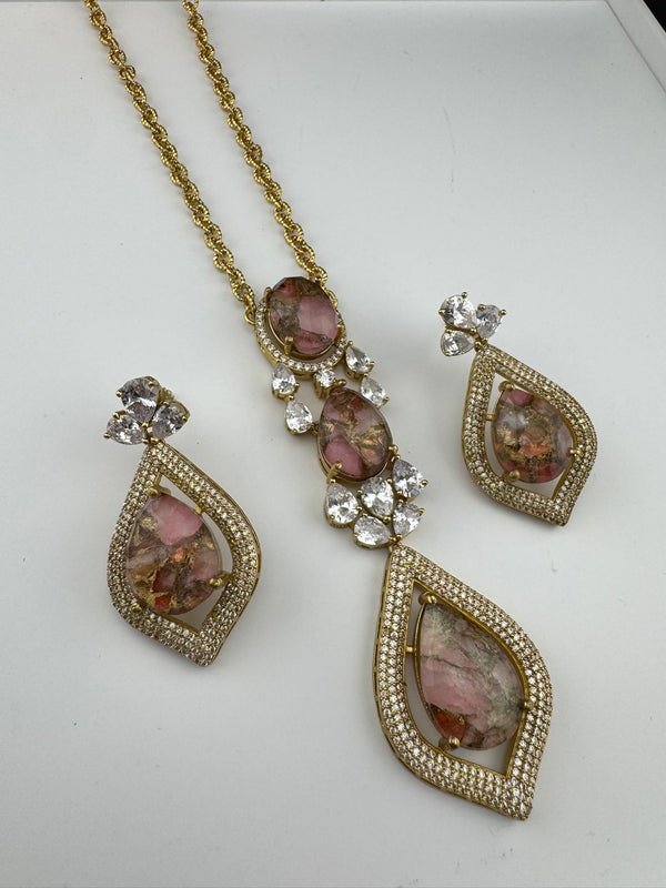 Premium Quality Marble stone and CZ with drop earrings is a Designer long pendant set/Indian jewelry/Bridesmaid gift/Lightweight jewelry