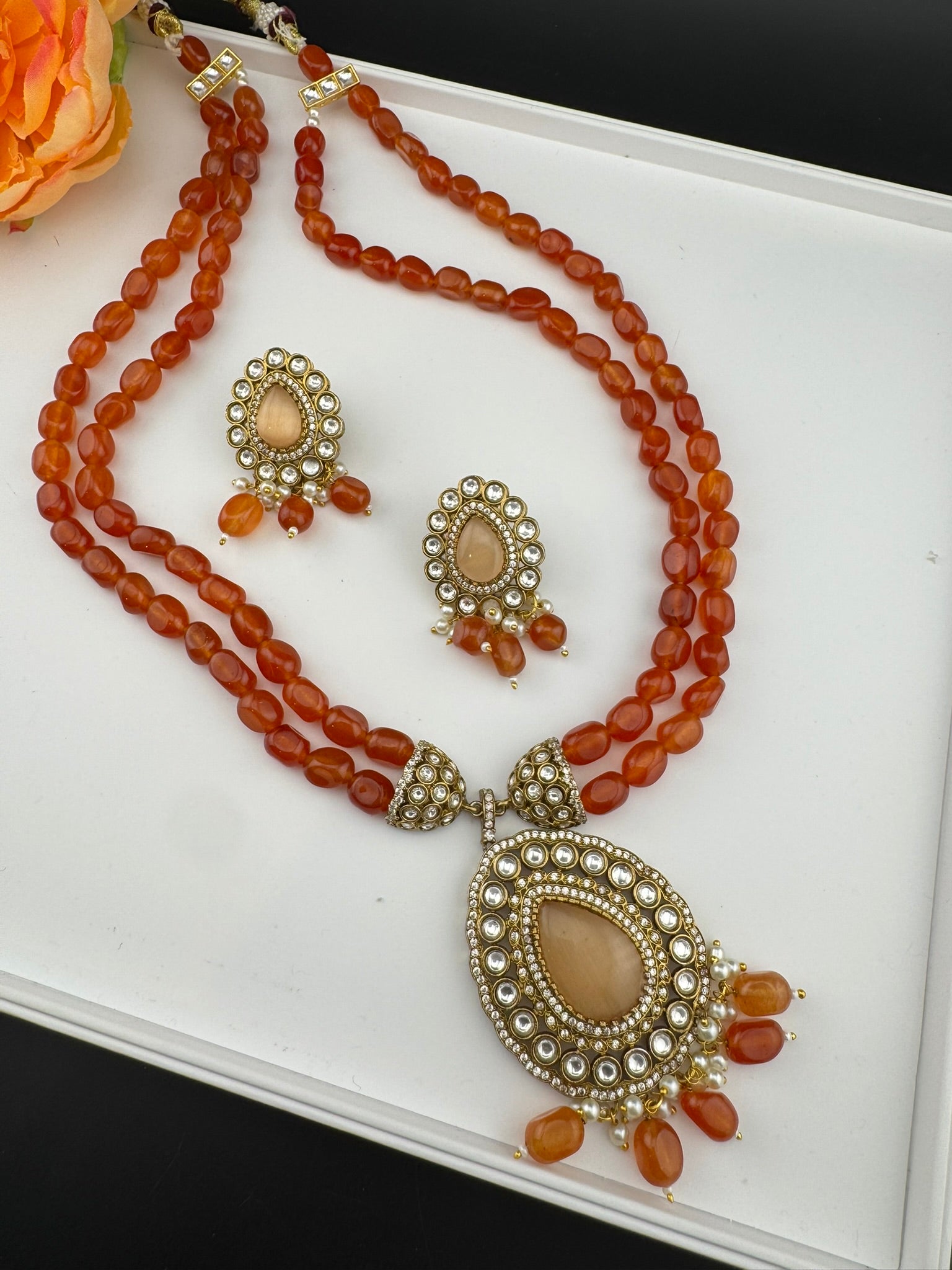Premium Quality fusion Long Necklace with natural stone, kundan and Beads with beautiful earrings/Contemporary long Necklace set/Party wear
