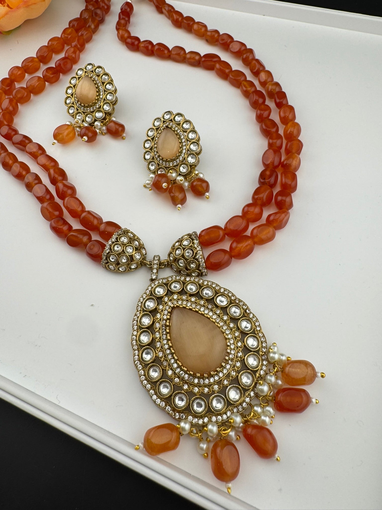 Premium Quality fusion Long Necklace with natural stone, kundan and Beads with beautiful earrings/Contemporary long Necklace set/Party wear