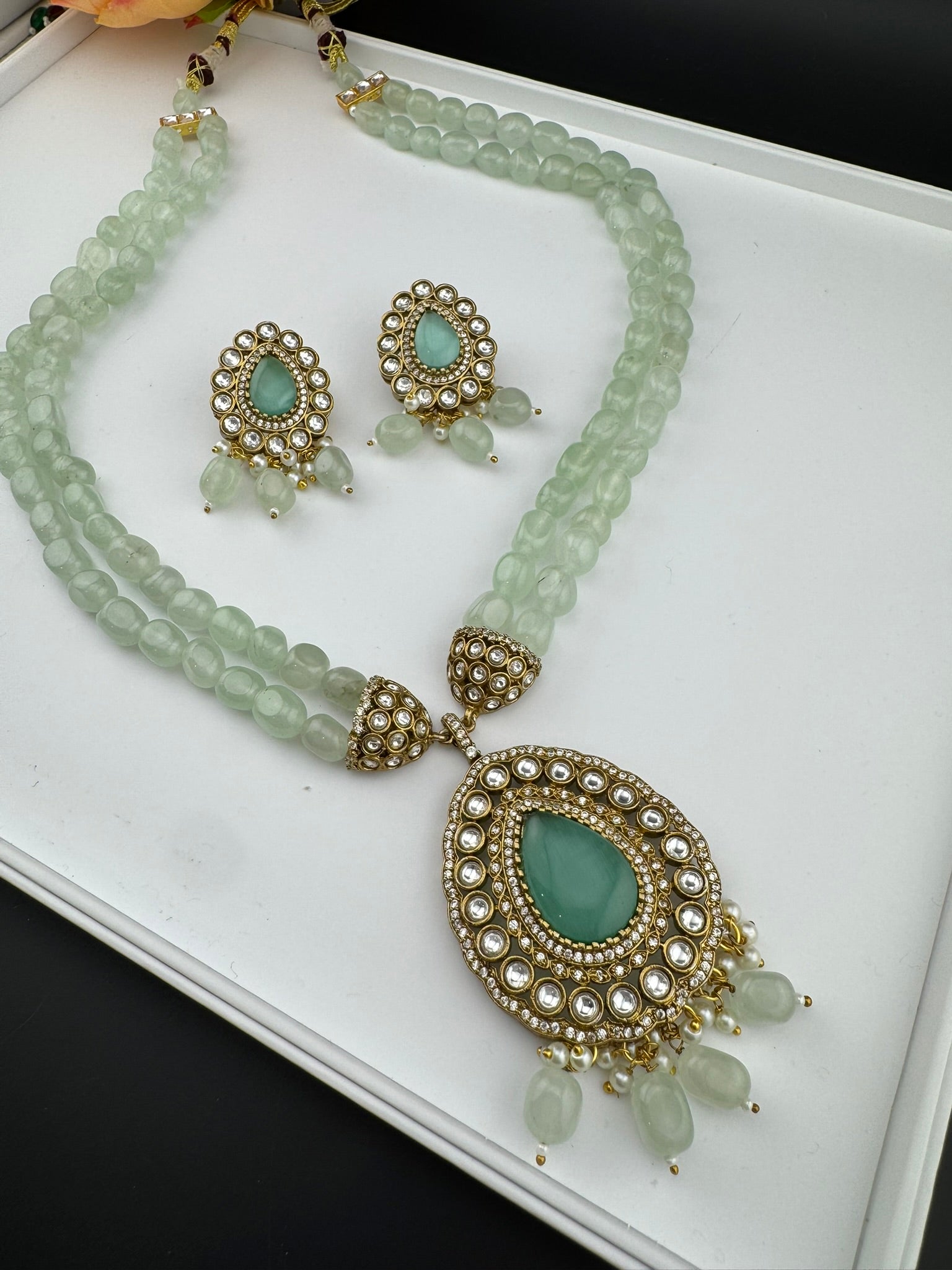 Premium Quality fusion Long Necklace with natural stone, kundan and Beads with beautiful earrings/Contemporary long Necklace set/Party wear