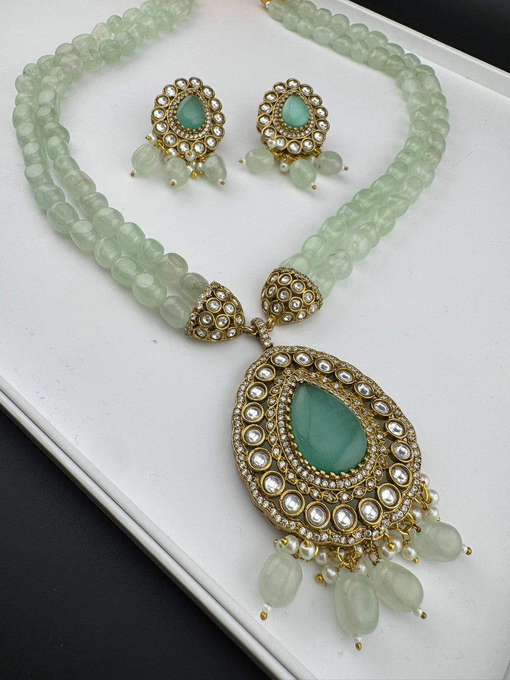 Premium Quality fusion Long Necklace with natural stone, kundan and Beads with beautiful earrings/Contemporary long Necklace set/Party wear