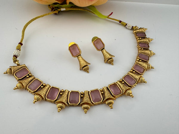 Premium Quality Traditional matt Gold and stones sleek Necklace with earrings/Indian necklace set/sleek lightweight necklace set/Gold Plated