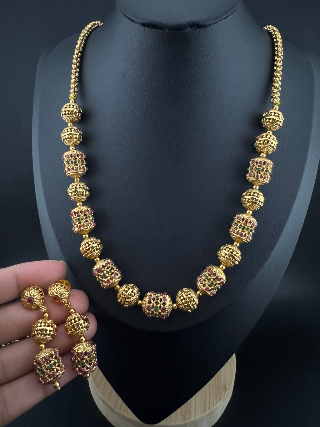 Premium Quality Traditional matt Gold and stones Long Necklace with long earrings/Indian Bridal necklace/Matar Mala/Rani Haar/Gold Plated