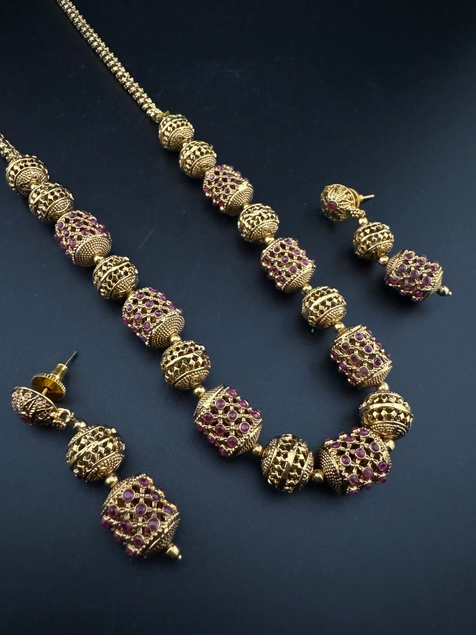 Premium Quality Traditional matt Gold and stones Long Necklace with long earrings/Indian Bridal necklace/Matar Mala/Rani Haar/Gold Plated