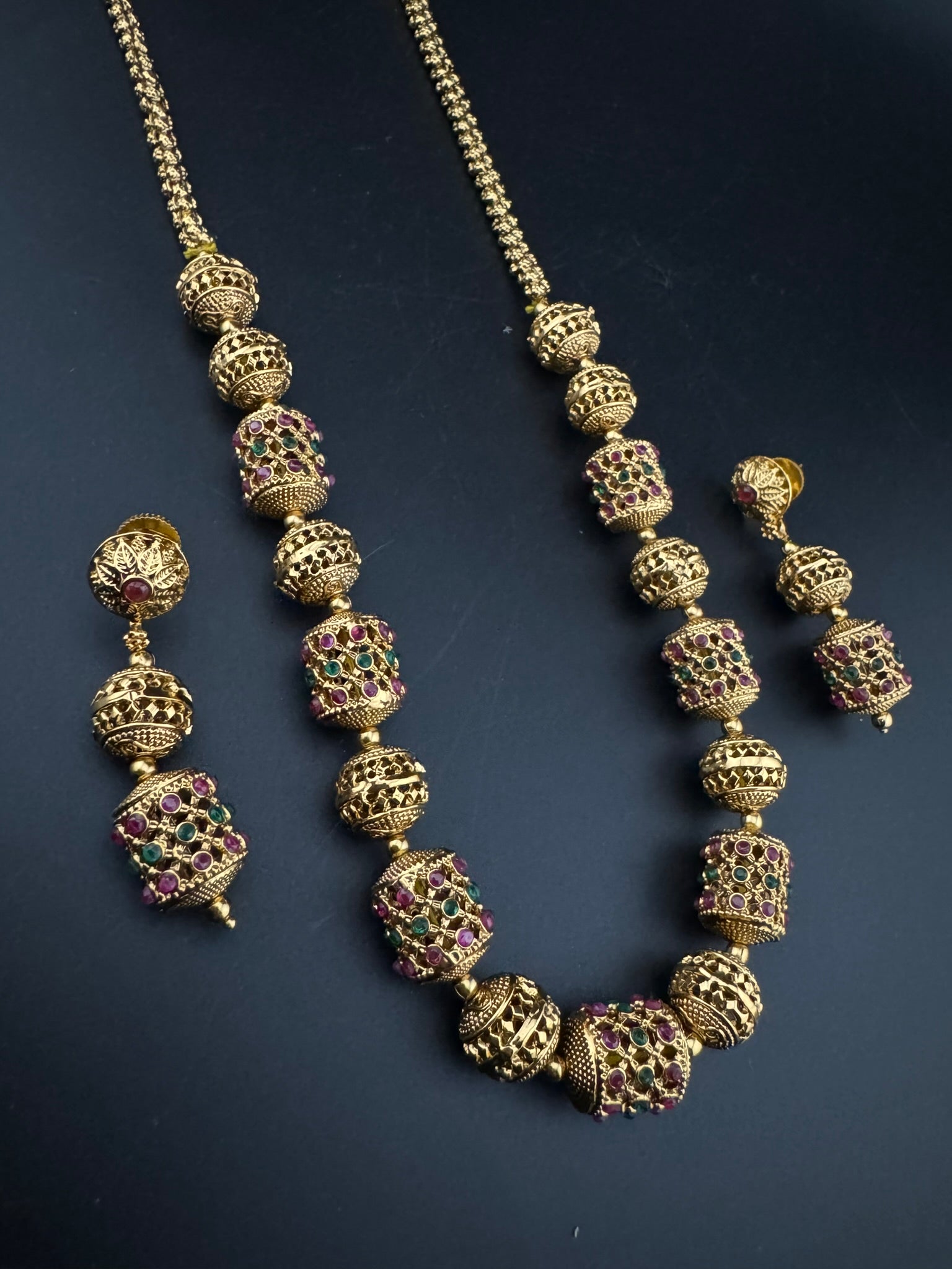 Premium Quality Traditional matt Gold and stones Long Necklace with long earrings/Indian Bridal necklace/Matar Mala/Rani Haar/Gold Plated