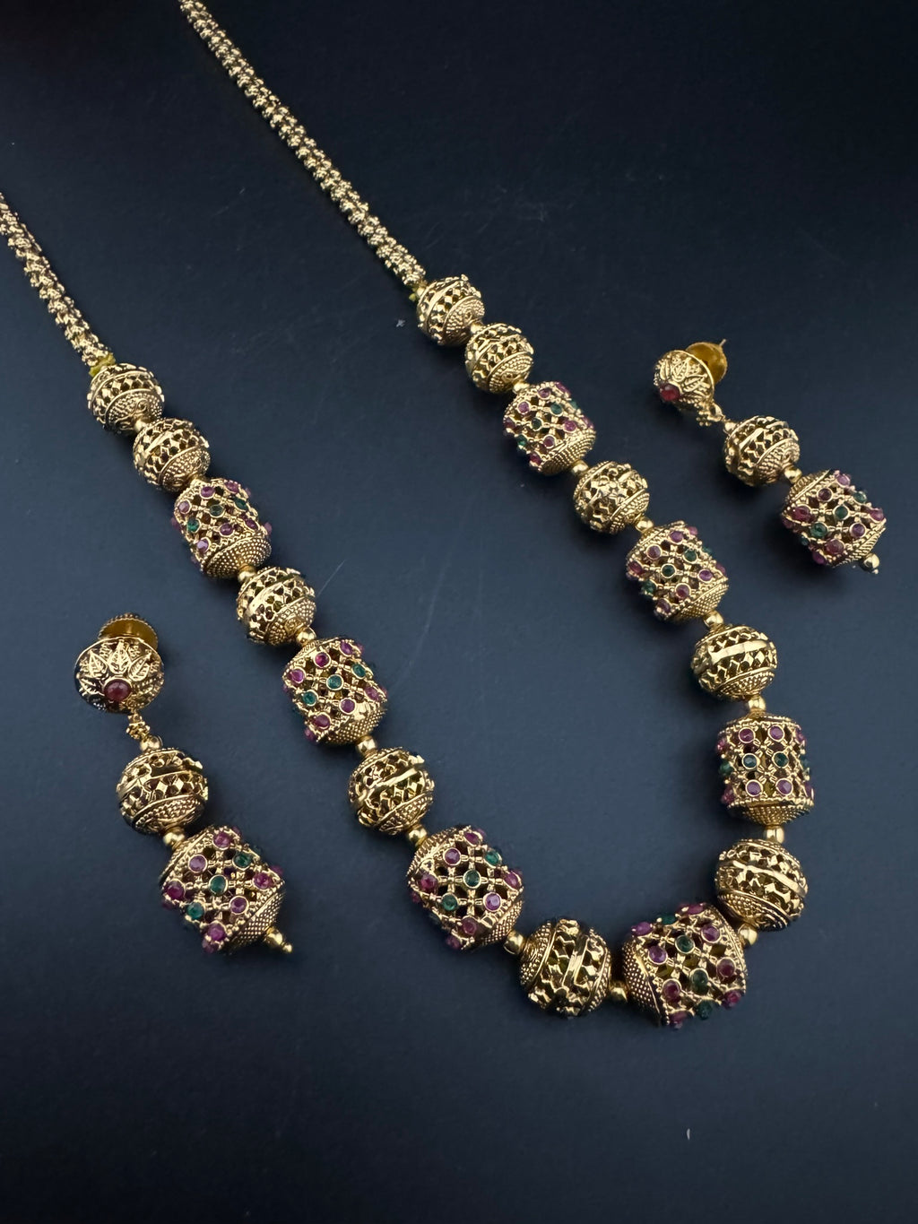 Premium Quality Traditional matt Gold and stones Long Necklace with long earrings/Indian Bridal necklace/Matar Mala/Rani Haar/Gold Plated