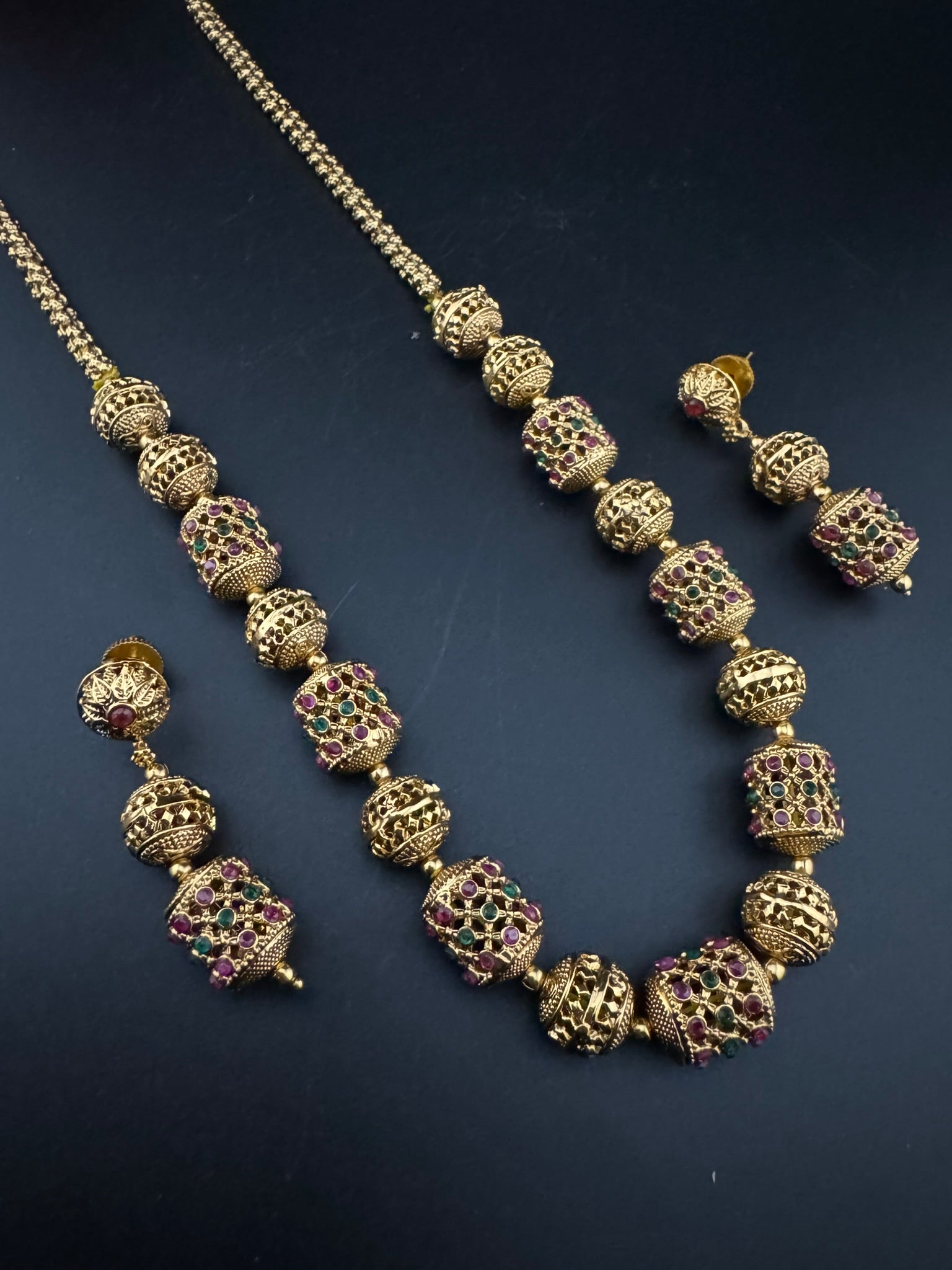 Premium Quality Traditional matt Gold and stones Long Necklace with long earrings/Indian Bridal necklace/Matar Mala/Rani Haar/Gold Plated