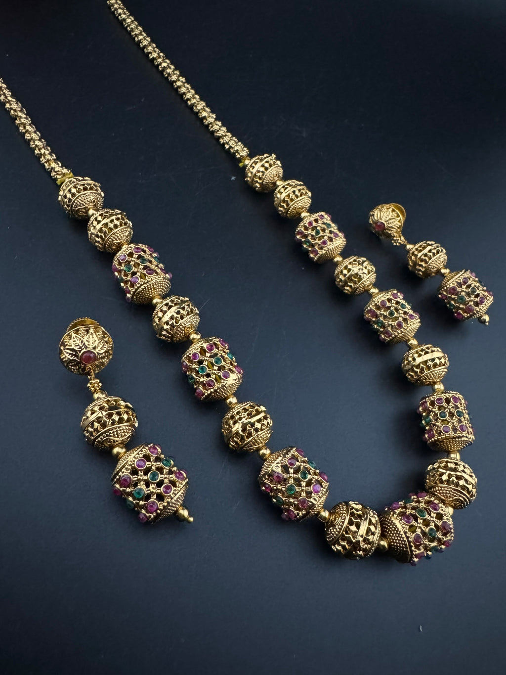 Premium Quality Traditional matt Gold and stones Long Necklace with long earrings/Indian Bridal necklace/Matar Mala/Rani Haar/Gold Plated