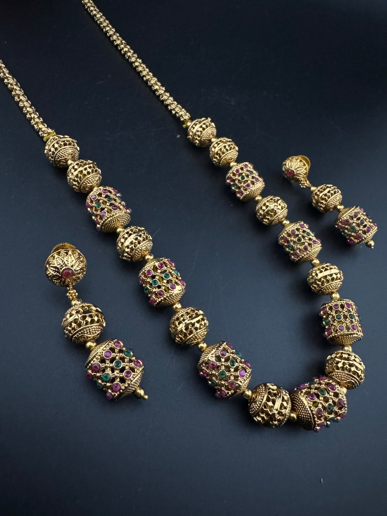 Premium Quality Traditional matt Gold and stones Long Necklace with long earrings/Indian Bridal necklace/Matar Mala/Rani Haar/Gold Plated