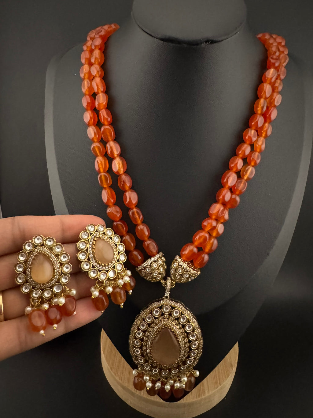 Premium Quality fusion Long Necklace with natural stone, kundan and Beads with beautiful earrings/Contemporary long Necklace set/Party wear