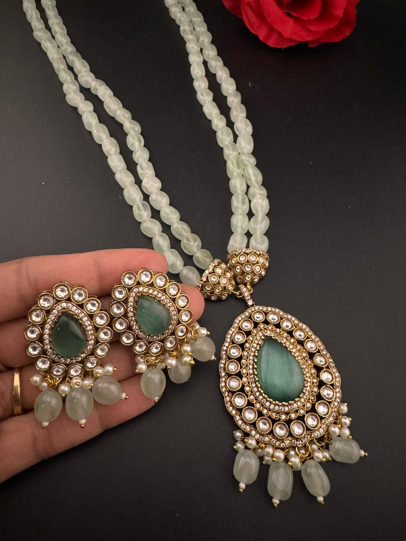 Premium Quality fusion Long Necklace with natural stone, kundan and Beads with beautiful earrings/Contemporary long Necklace set/Party wear