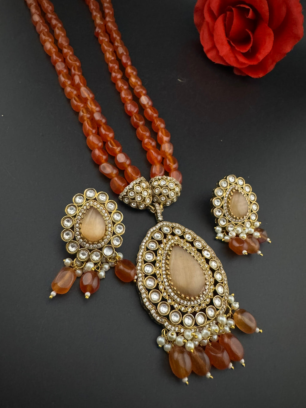Premium Quality fusion Long Necklace with natural stone, kundan and Beads with beautiful earrings/Contemporary long Necklace set/Party wear