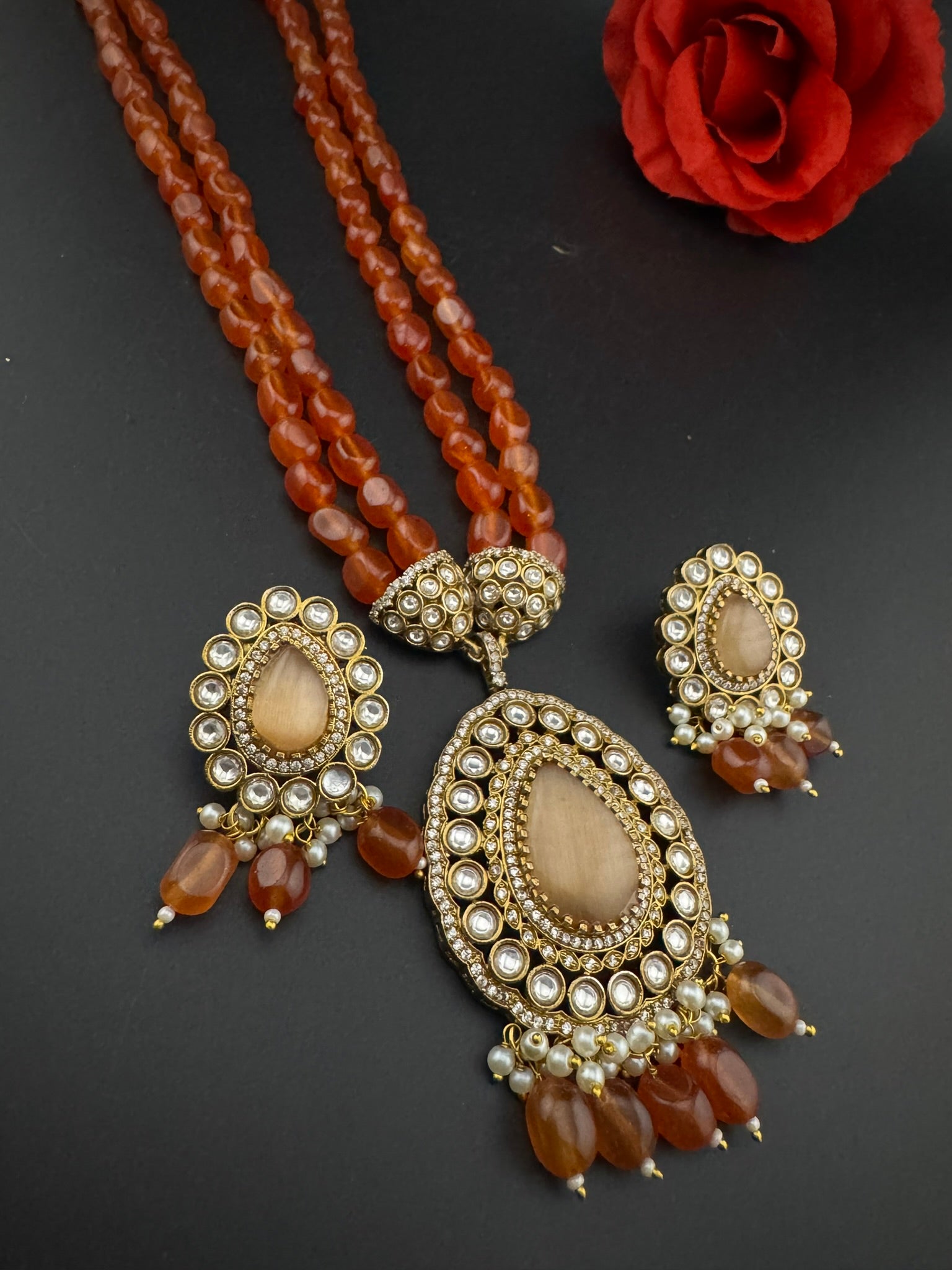 Premium Quality fusion Long Necklace with natural stone, kundan and Beads with beautiful earrings/Contemporary long Necklace set/Party wear