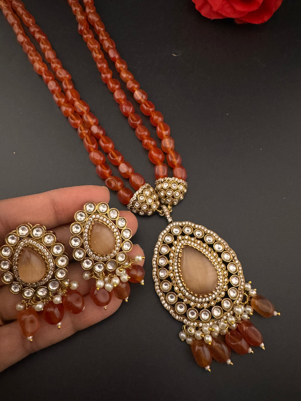 Premium Quality fusion Long Necklace with natural stone, kundan and Beads with beautiful earrings/Contemporary long Necklace set/Party wear