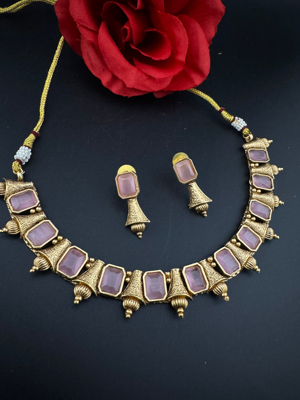 Premium Quality Traditional matt Gold and stones sleek Necklace with earrings/Indian necklace set/sleek lightweight necklace set/Gold Plated