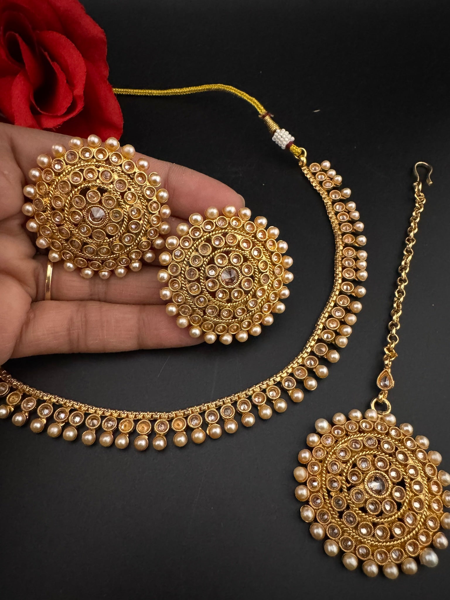 Premium Quality Traditional matt Gold, stones and pearls Necklace with oversized stud earrings and Tikka/Indian sleek necklace set/lightw