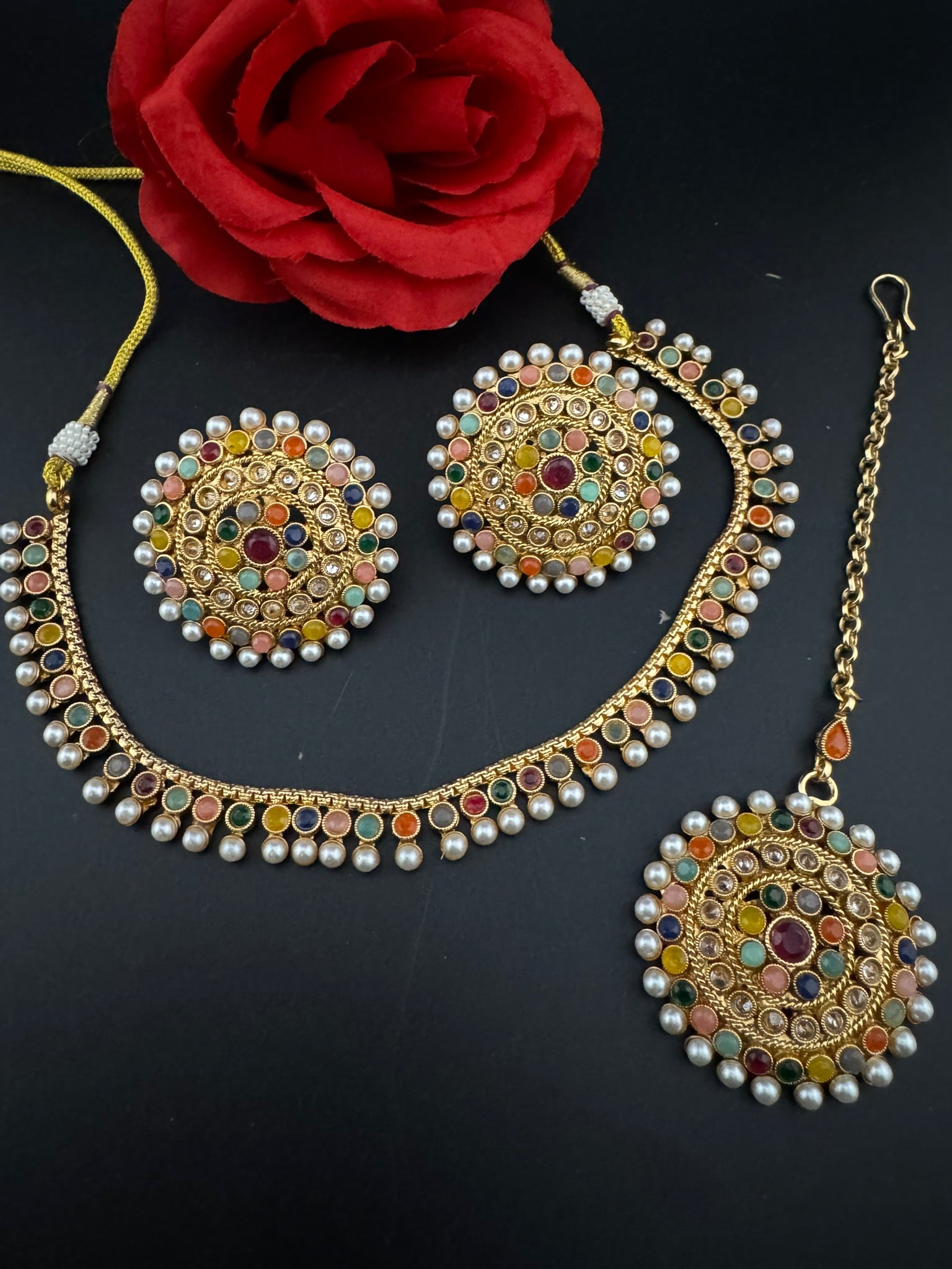 Premium Quality Traditional matt Gold, stones and pearls Necklace with oversized stud earrings and Tikka/Indian sleek necklace set/lightw