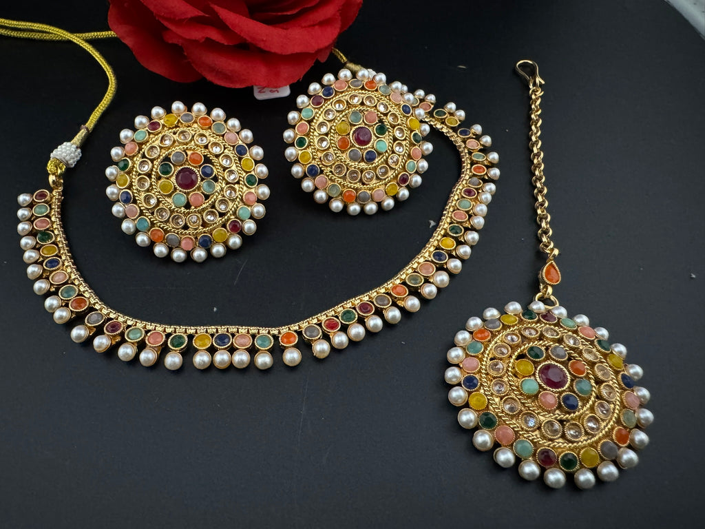 Premium Quality Traditional matt Gold, stones and pearls Necklace with oversized stud earrings and Tikka/Indian sleek necklace set/lightw