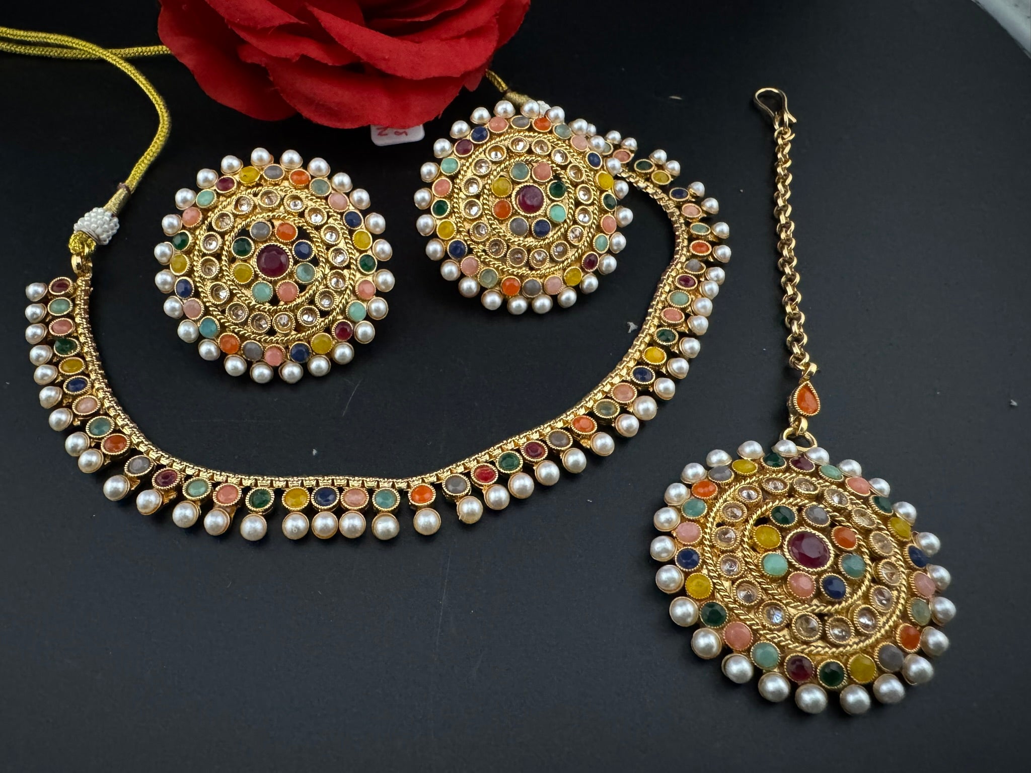 Premium Quality Traditional matt Gold, stones and pearls Necklace with oversized stud earrings and Tikka/Indian sleek necklace set/lightw