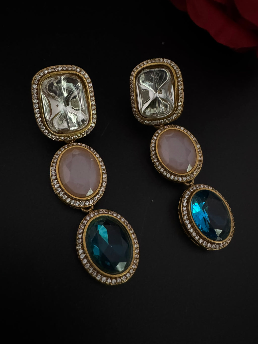 Premium High Quality Gold Polish Uncut Kundan, CZ details with crystal stone long earrings/Chandelier earrings/Drop Earrings/Indian jewelry