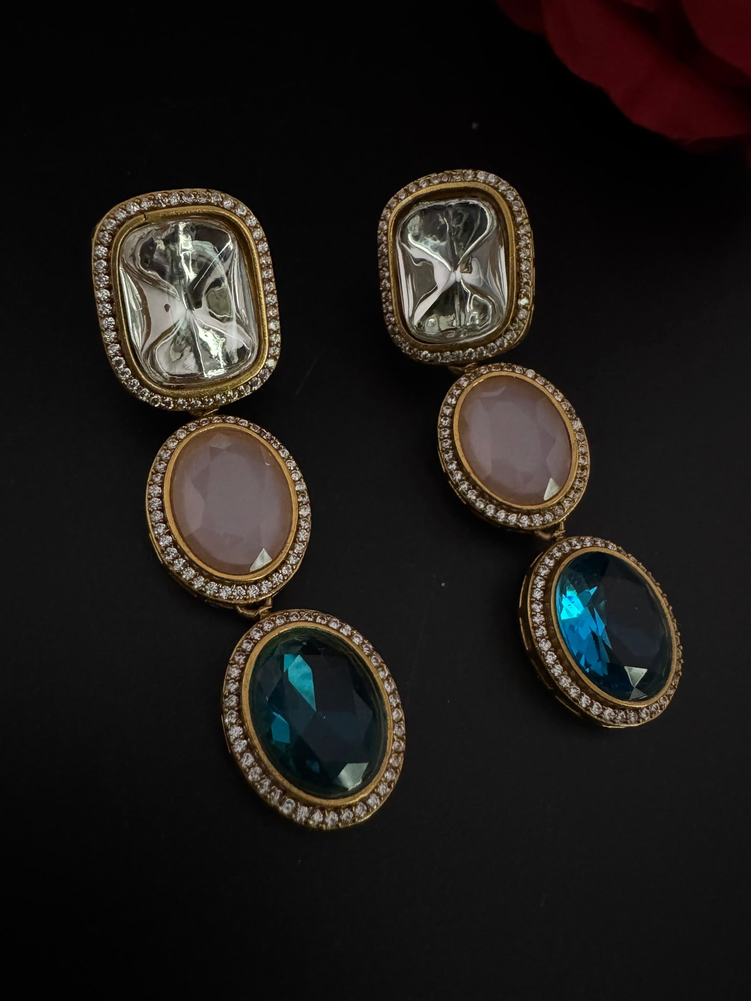 Premium High Quality Gold Polish Uncut Kundan, CZ details with crystal stone long earrings/Chandelier earrings/Drop Earrings/Indian jewelry