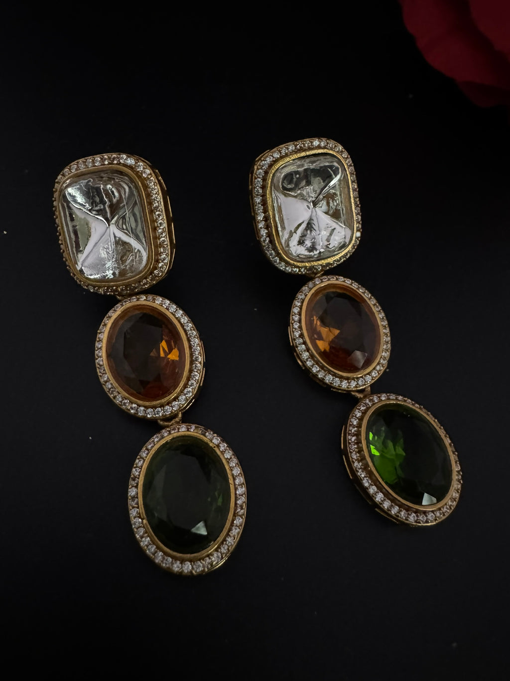 Premium High Quality Gold Polish Uncut Kundan, CZ details with crystal stone long earrings/Chandelier earrings/Drop Earrings/Indian jewelry