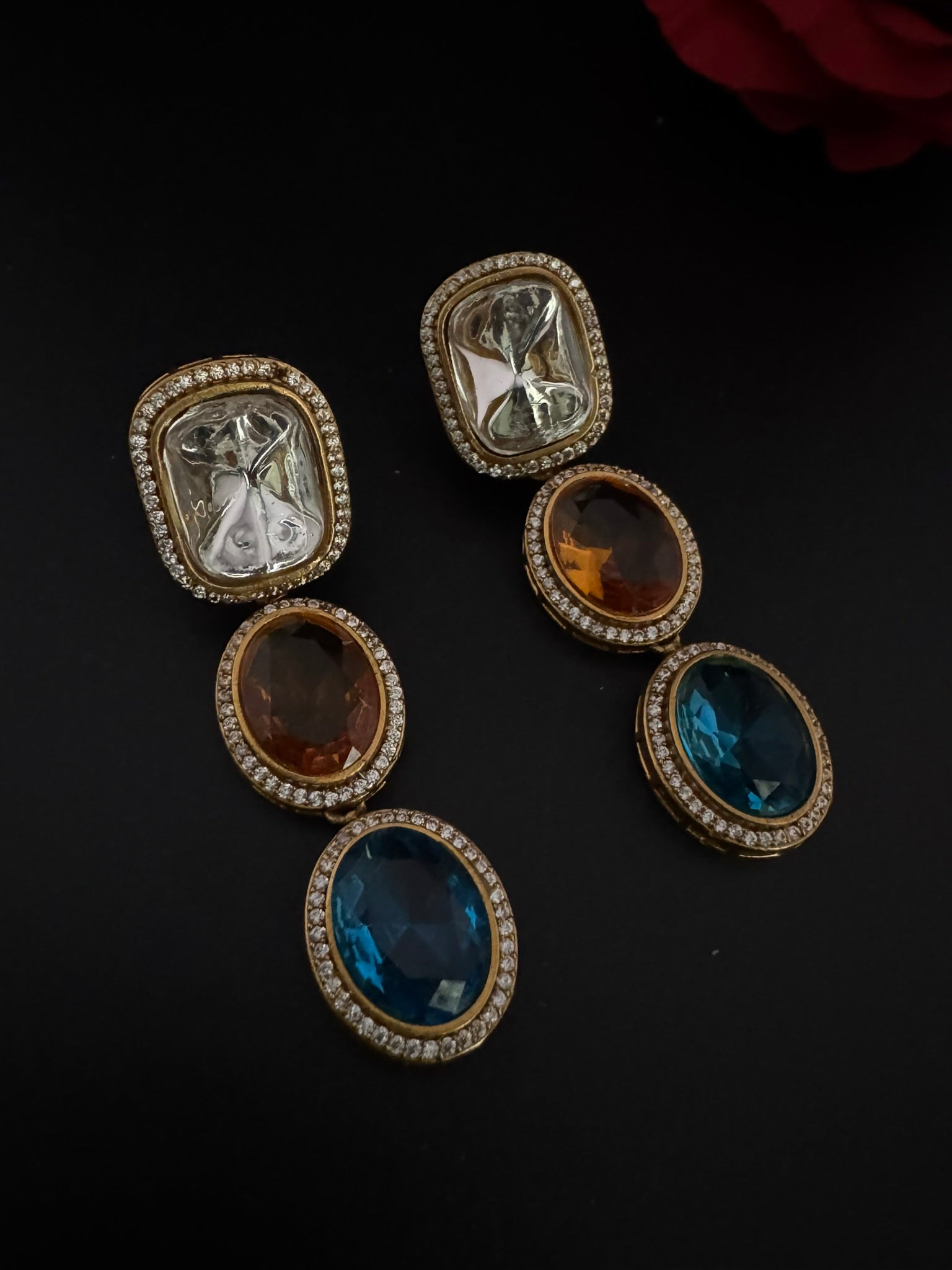 Premium High Quality Gold Polish Uncut Kundan, CZ details with crystal stone long earrings/Chandelier earrings/Drop Earrings/Indian jewelry