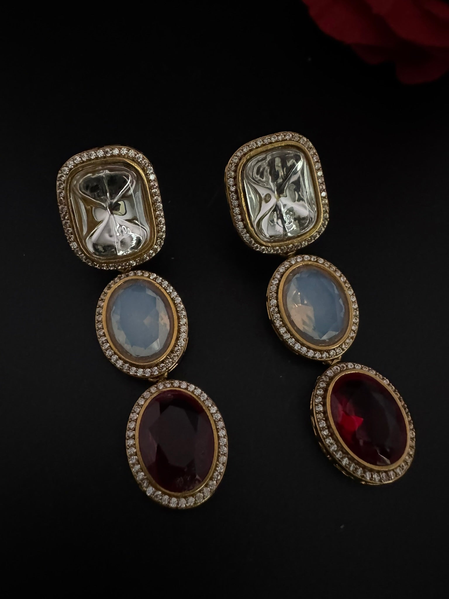 Premium High Quality Gold Polish Uncut Kundan, CZ details with crystal stone long earrings/Chandelier earrings/Drop Earrings/Indian jewelry