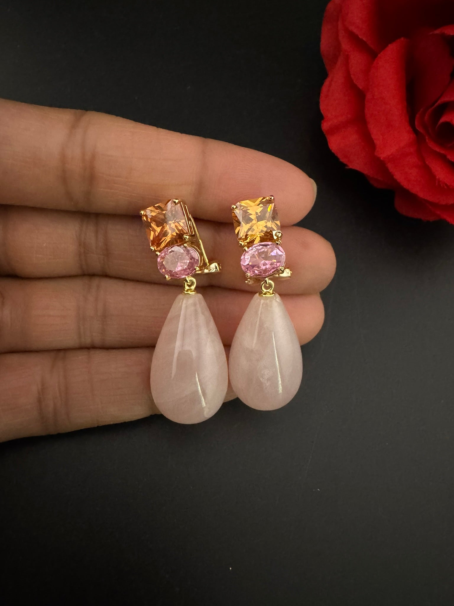 Premium 925 silver polish Pink Natural stone, CZ, Drop earring is designer inspired Drop Dangle earrings/Unique earrings/Indian Jewelry