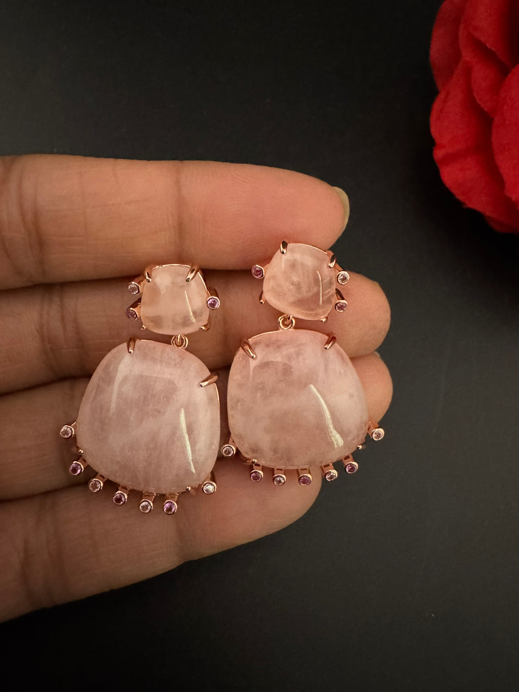 Premium 925 silver polish Pink Natural stone, CZ, Drop earring is designer inspired Drop Dangle earrings/Unique earrings/Indian Jewelry