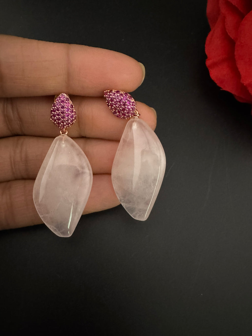 Premium 925 silver polish Pink Natural stone, CZ, Drop earring is designer inspired Drop Dangle earrings/Unique earrings/Indian Jewelry