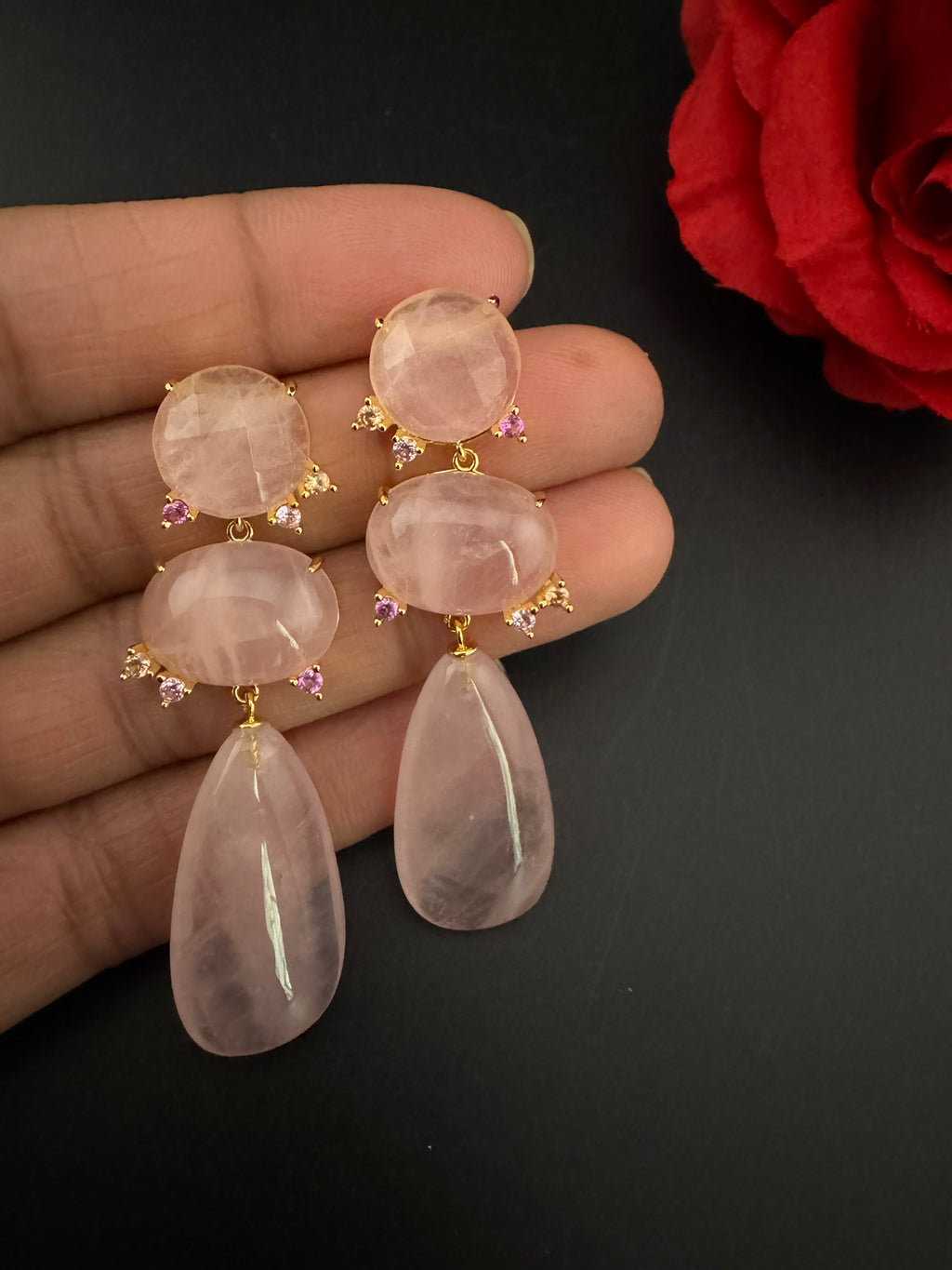 Premium 925 silver polish Pink Natural stone, CZ, Drop earring is designer inspired Drop Dangle earrings/Unique earrings/Indian Jewelry