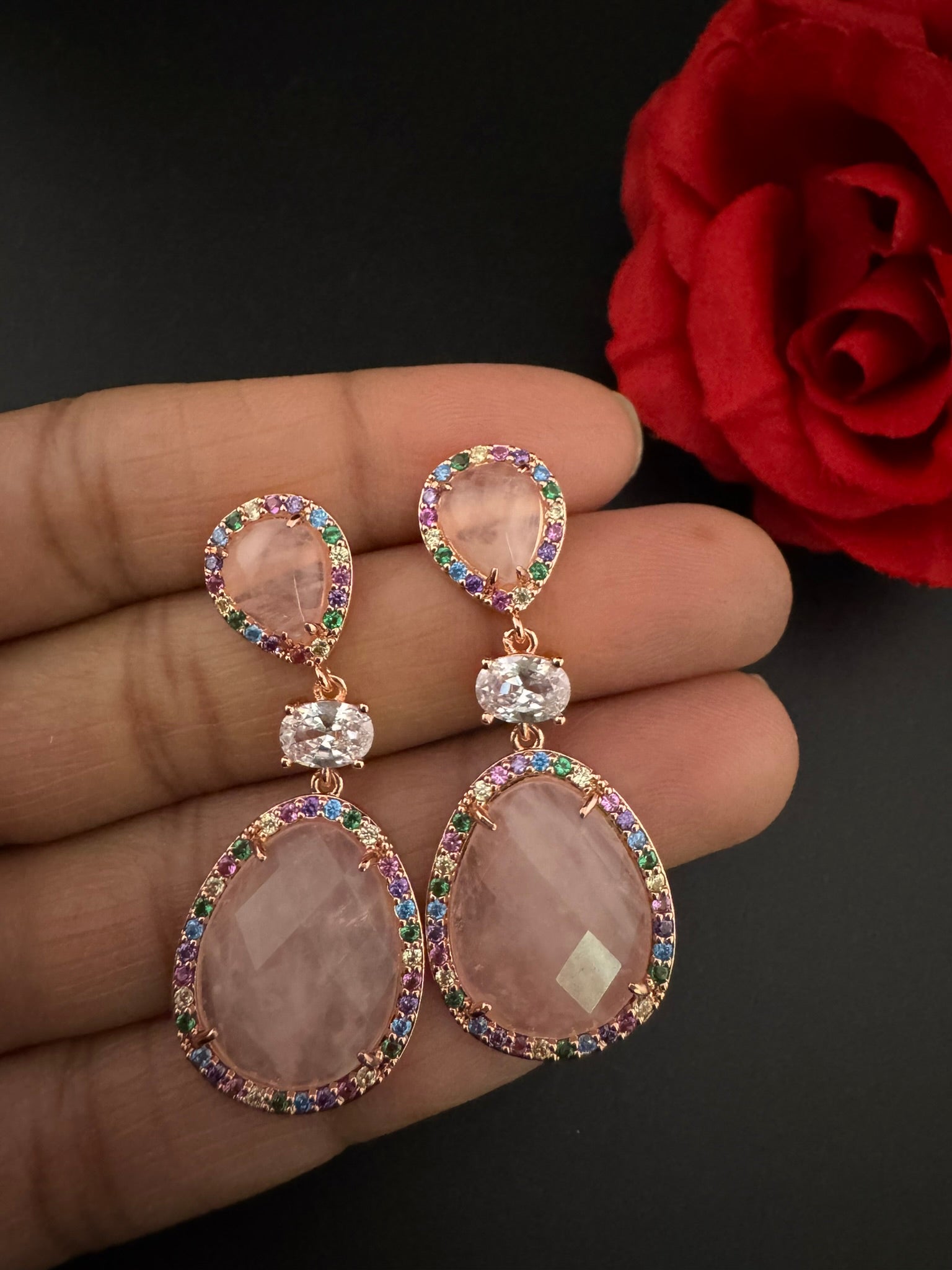 Premium 925 silver polish Pink Natural stone, CZ, Drop earring is designer inspired Drop Dangle earrings/Unique earrings/Indian Jewelry